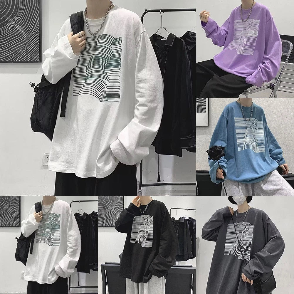 Casual Men's Long Sleeve T Shirt Pullover with Creative Lines Print Loose Style