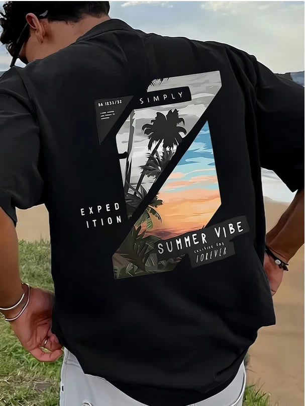 Men's Beach T Shirt Summer Casual Graphic Tee Loose Fit Short Sleeve Vacation