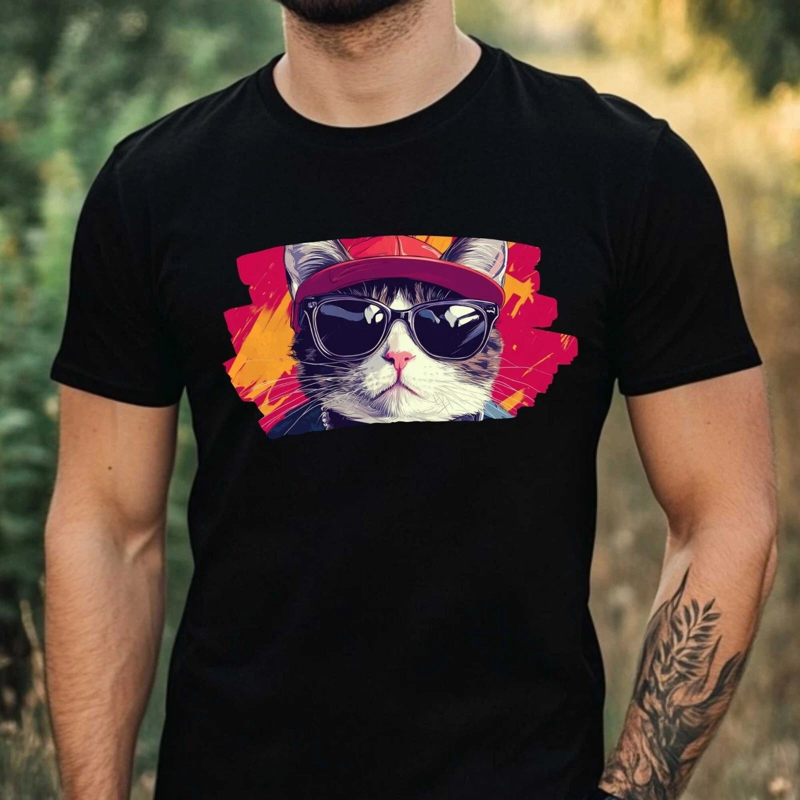 Mens Hip Hop Cat Print Cotton T-Shirt Size XS to 5XL