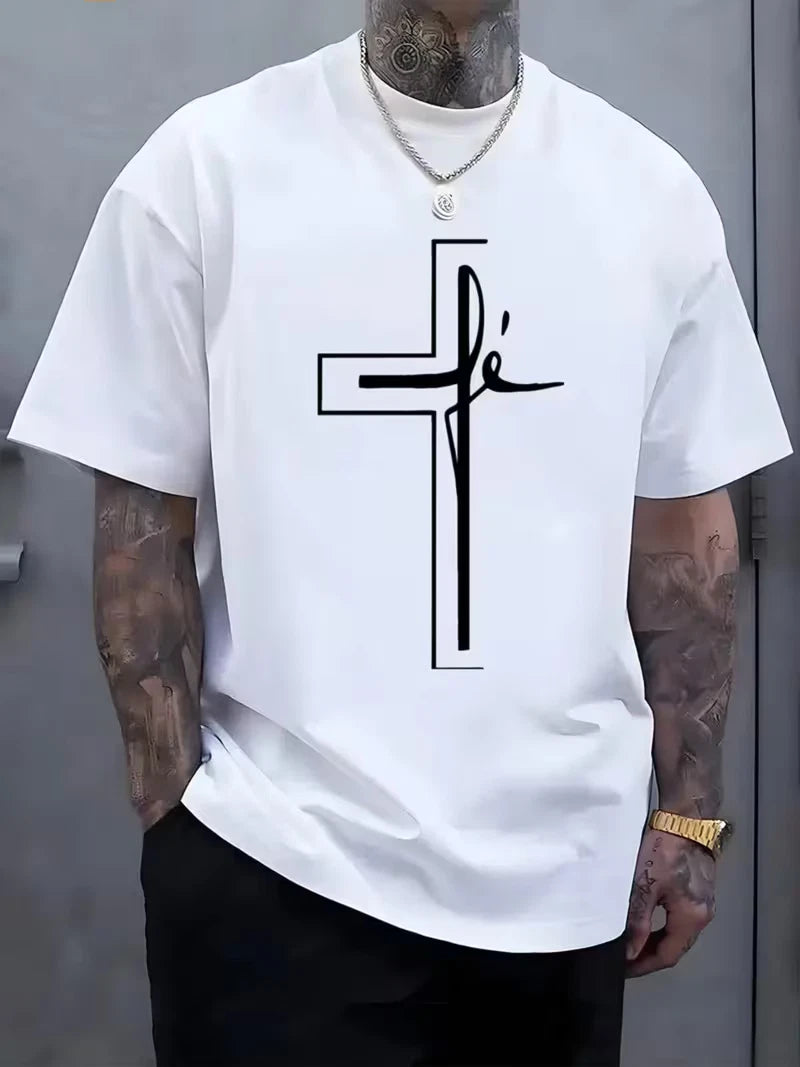 Men's 100% Cotton Cross Line Print T Shirt Summer Casual Crew Neck Tee Top