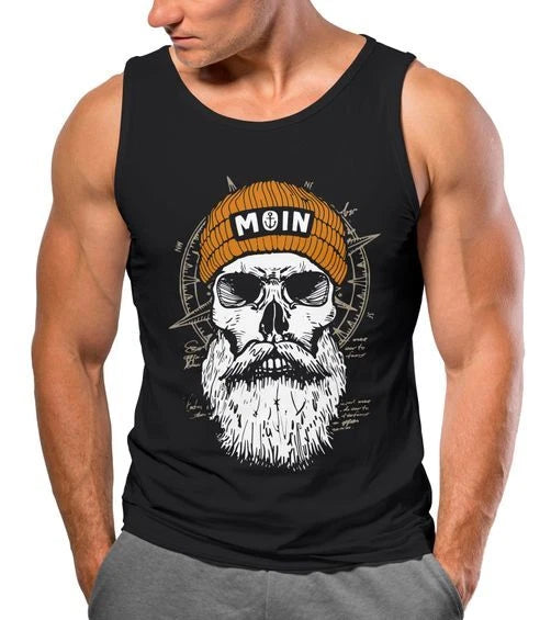 Mens Tank Top Print Shirt Moin Skull Wind Rose Compass Skull Front Print