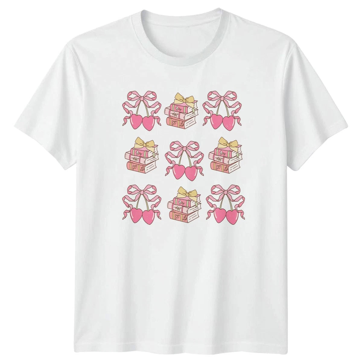 Pastel Books Heart Cherries Womens T-Shirt Coquette Reading Aesthetic