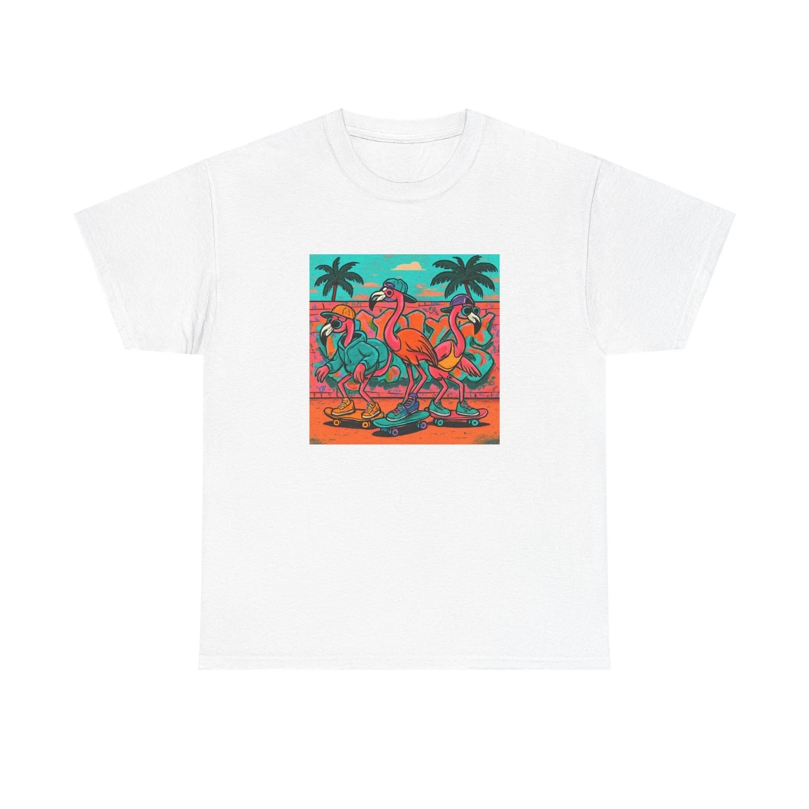 Unisex Adult T Shirt Skateboarding Flamingos Urban Cool