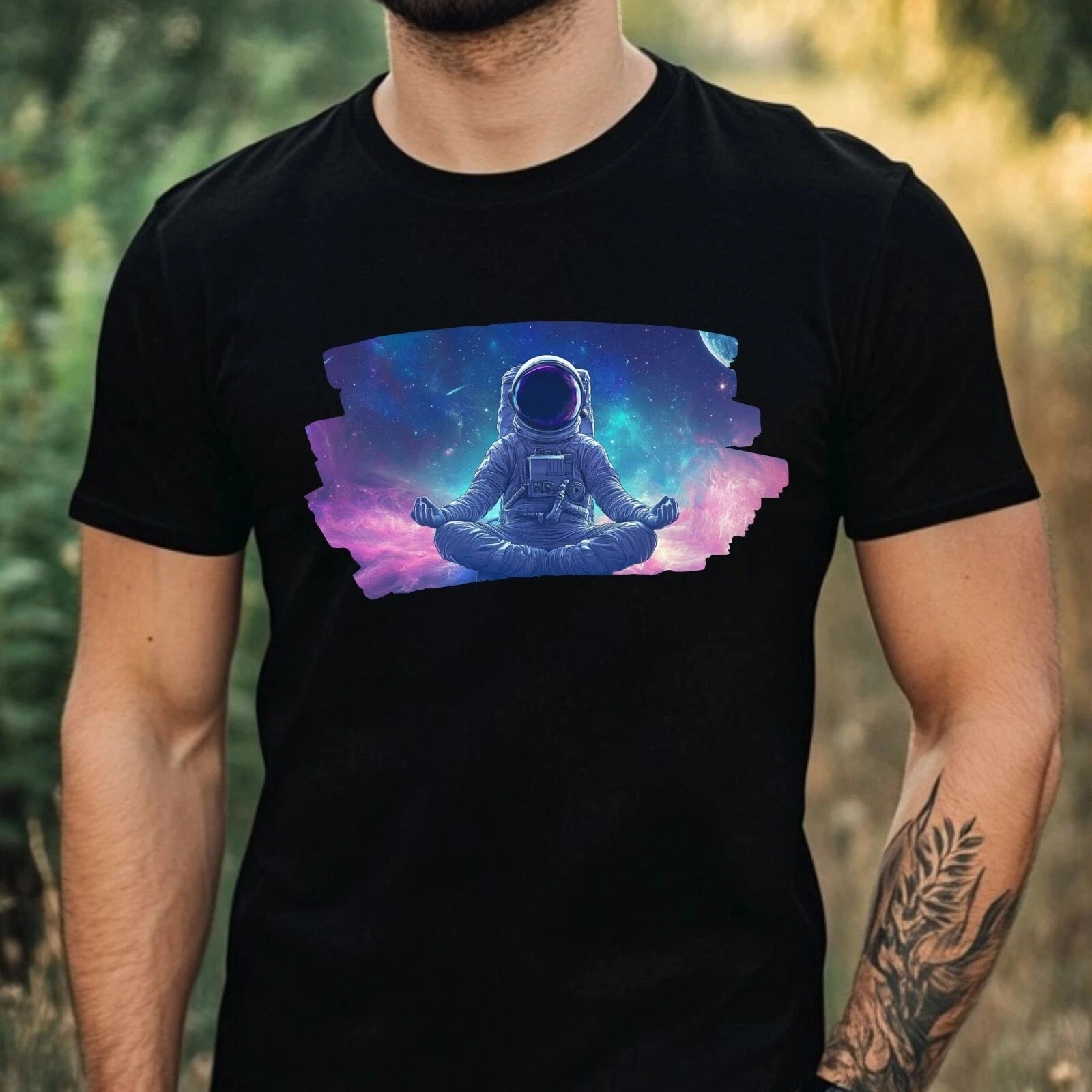 Mens Meditating Astronaut Motif Cotton T-Shirt Size XS to 5XL
