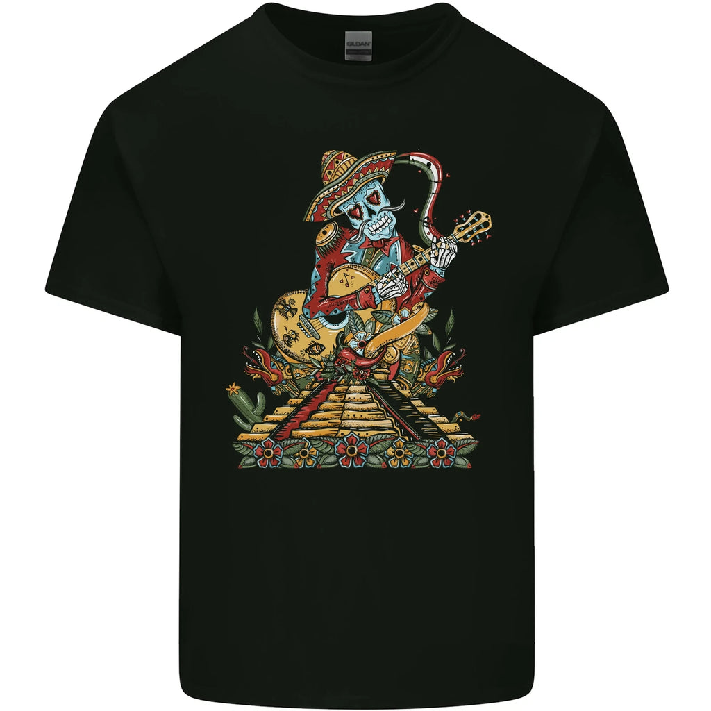 Mariachi Sugar Skull Day of the Dead Guitar Mens Cotton T-Shirt Tee Top
