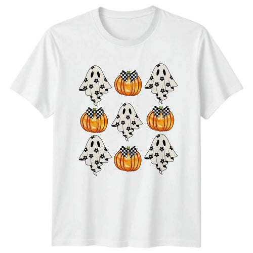 Aesthetic Ghost And Pumpkin Checkerboard Womens T-Shirt Cute Spooky