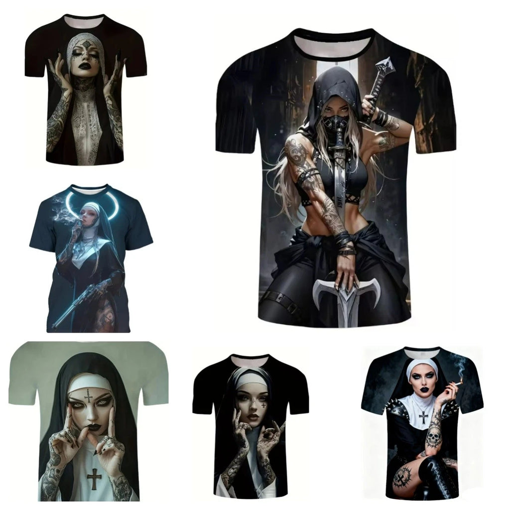 Gothic tattoo nun Cool 3D Print Women Men Short Sleeve T-shirt Casual Tee Tops