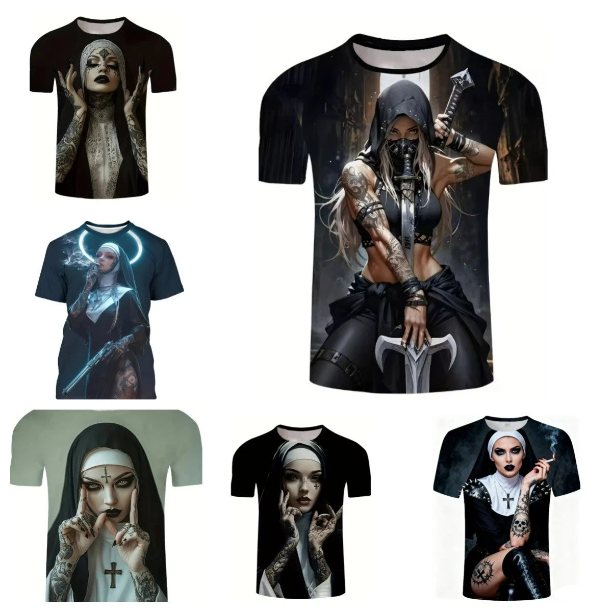 Gothic tattoo nun Cool 3D Print Women Men Short Sleeve T-shirt Casual Tee Tops