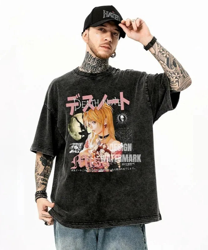 Death Note Vintage Washed T-Shirt Yagami Light Misa Manga Oversized Tee Top