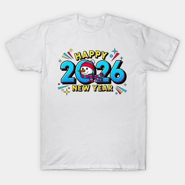 Happy New Year 2026 T-Shirt Cute Snowman Holiday Graphic Tee