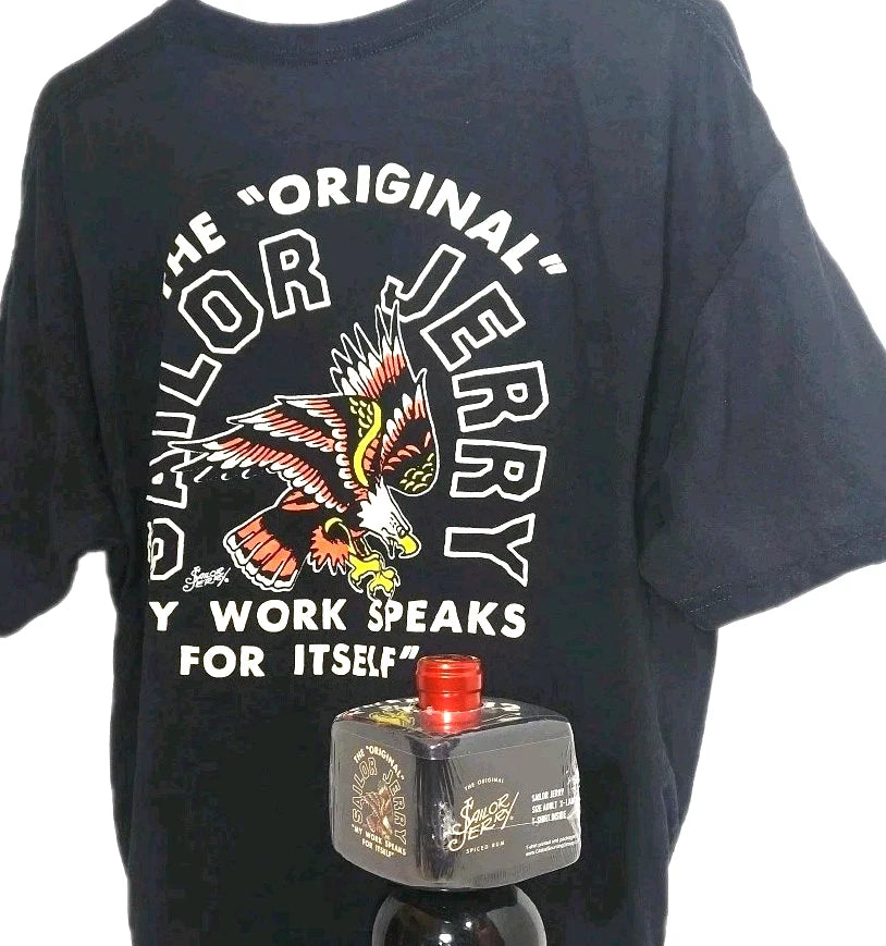 Sailor Jerry Original Rum XL Eagle Graphic Black T-Shirt "Work Speaks" Gift Tee
