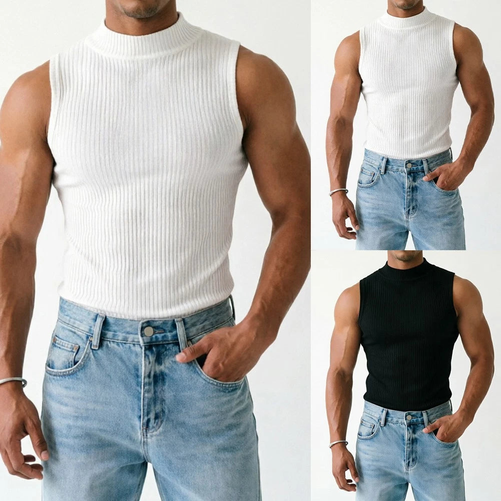 Men Ribbed Tank Top Casual Sleeveless Shirt Minimalist Look High Neck Design