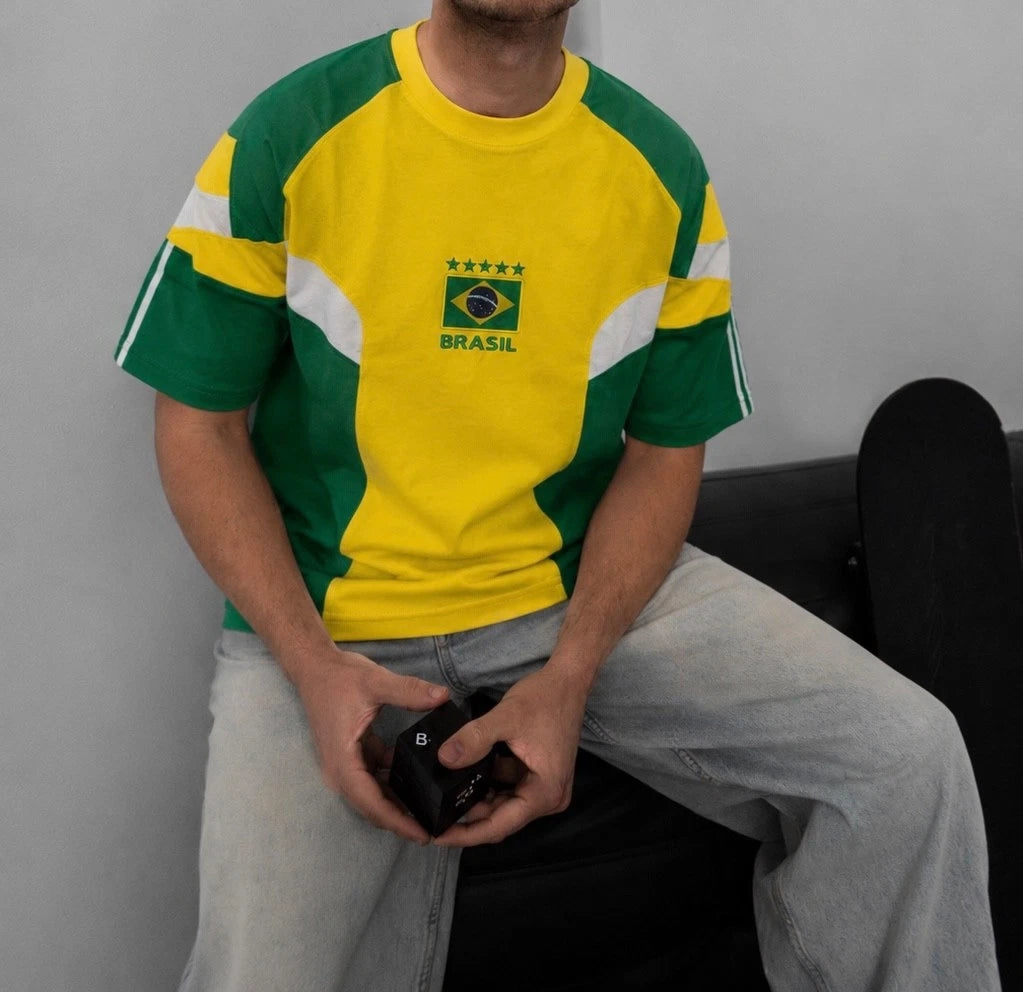 Vintage Brasil Flag Embroidered Oversized Football T-Shirt, Retro Soccer Streetw