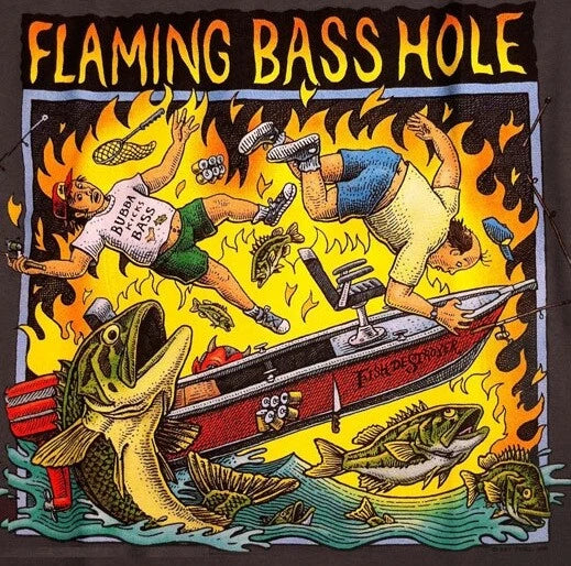 Ray Troll Flaming Basshole Bass fishing pun NEW adult t-shirt M, S discontinued