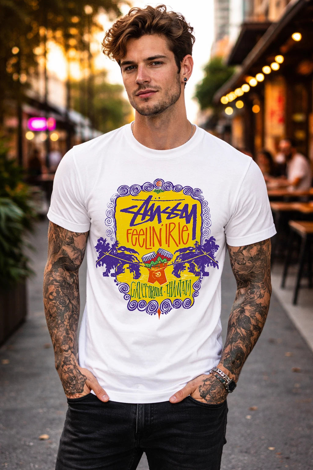 Retro 90s Surf Style Graphic T-Shirt Tropical Beach Streetwear White Tee