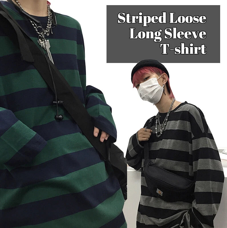 Harajuku Oversized High Street Stripe T-shirt long sleeves vintage style All-mat