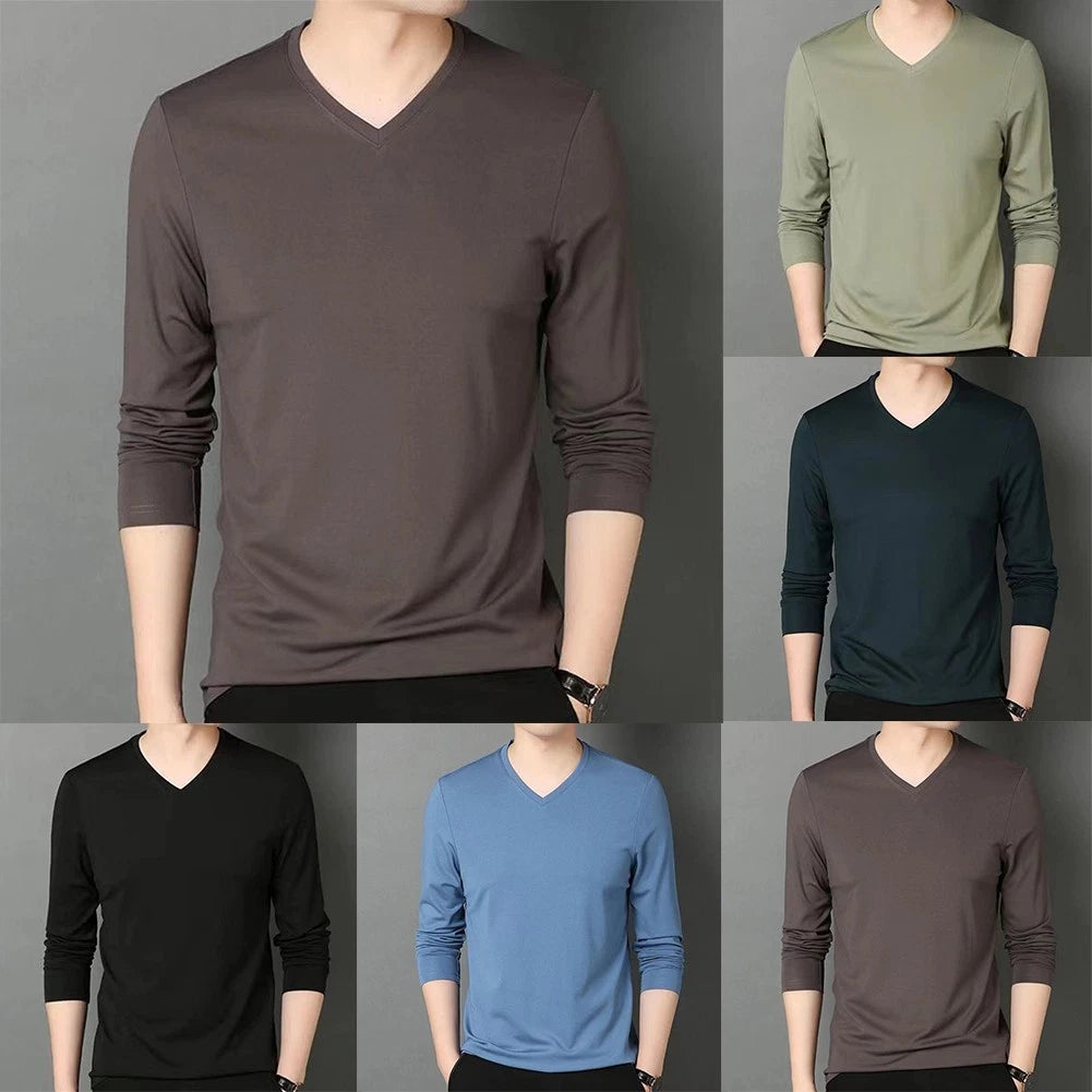 Trendy Men's Casual Long Sleeve T Shirt with V Neck for Muscle Workout