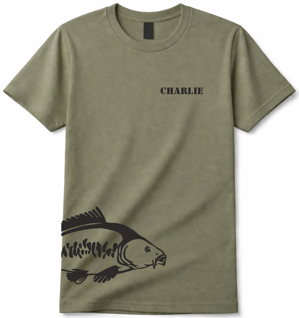Personalised Carp Fishing T Shirt Mens Angler Tee Custom Name Gift Olive Green