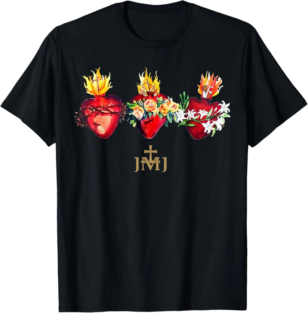 Three Sacred Hearts of Jesus Mary Joseph JMJ Catholic T-Shirt