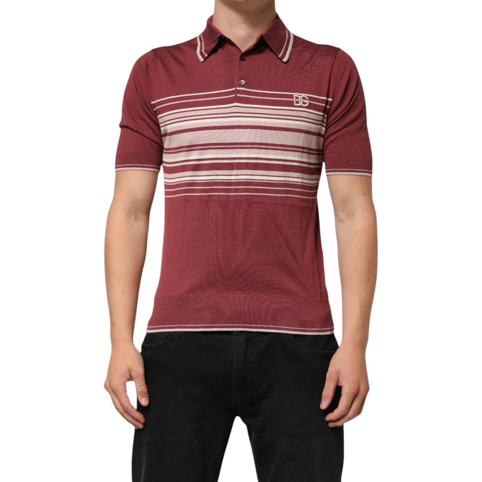 DOLCE & GABBANA T-shirt  Cotton Burgundy Striped DG Logo Polo IT50/US40/L $1200