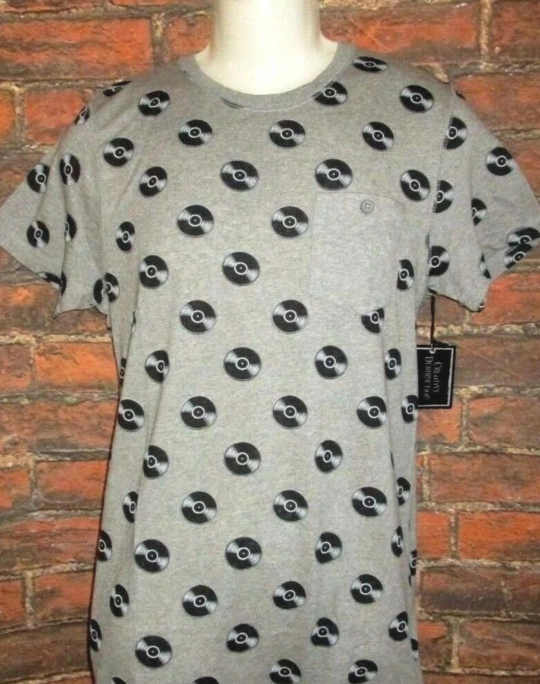 MENS CREATIVE DESTRUCTION VINYL RECORD HEATHER GRAY POCKET T-SHIRT SIZE M