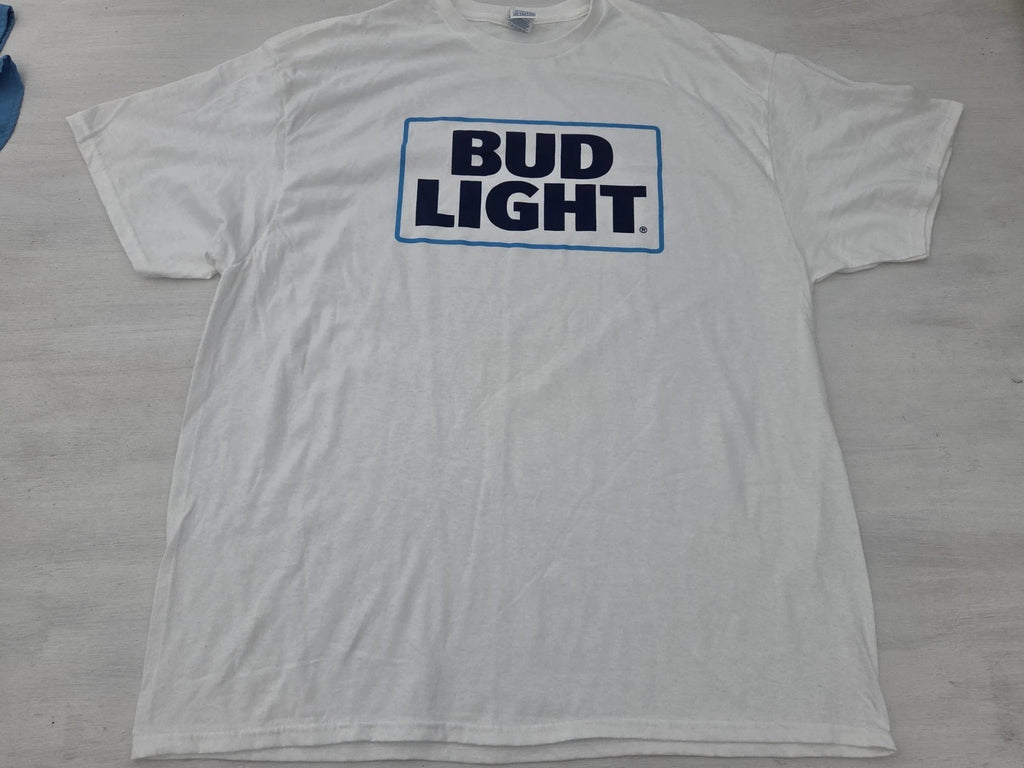Bud Light T-Shirt Sz 2XL Classic White Blue Crew Neck Tee Short Sleeve Beer Logo