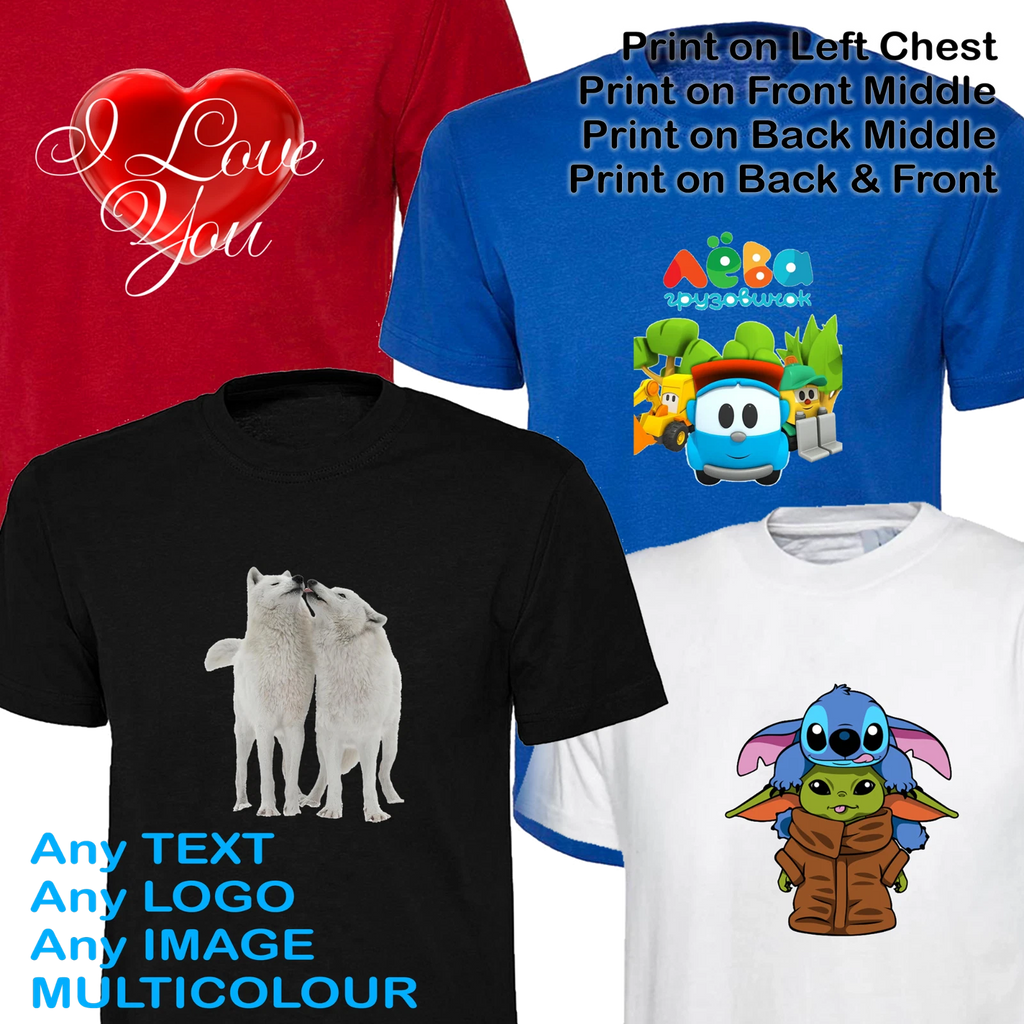 Custom Printed T Shirt - Personalised FULL COLOUR Text Logo Image - Party Gift