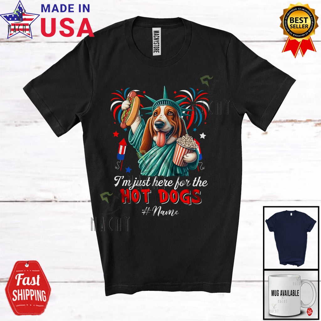 Custom Name Just Here For Hot Dogs; Proud Basset Hound Liberty Patriotic T-Shirt
