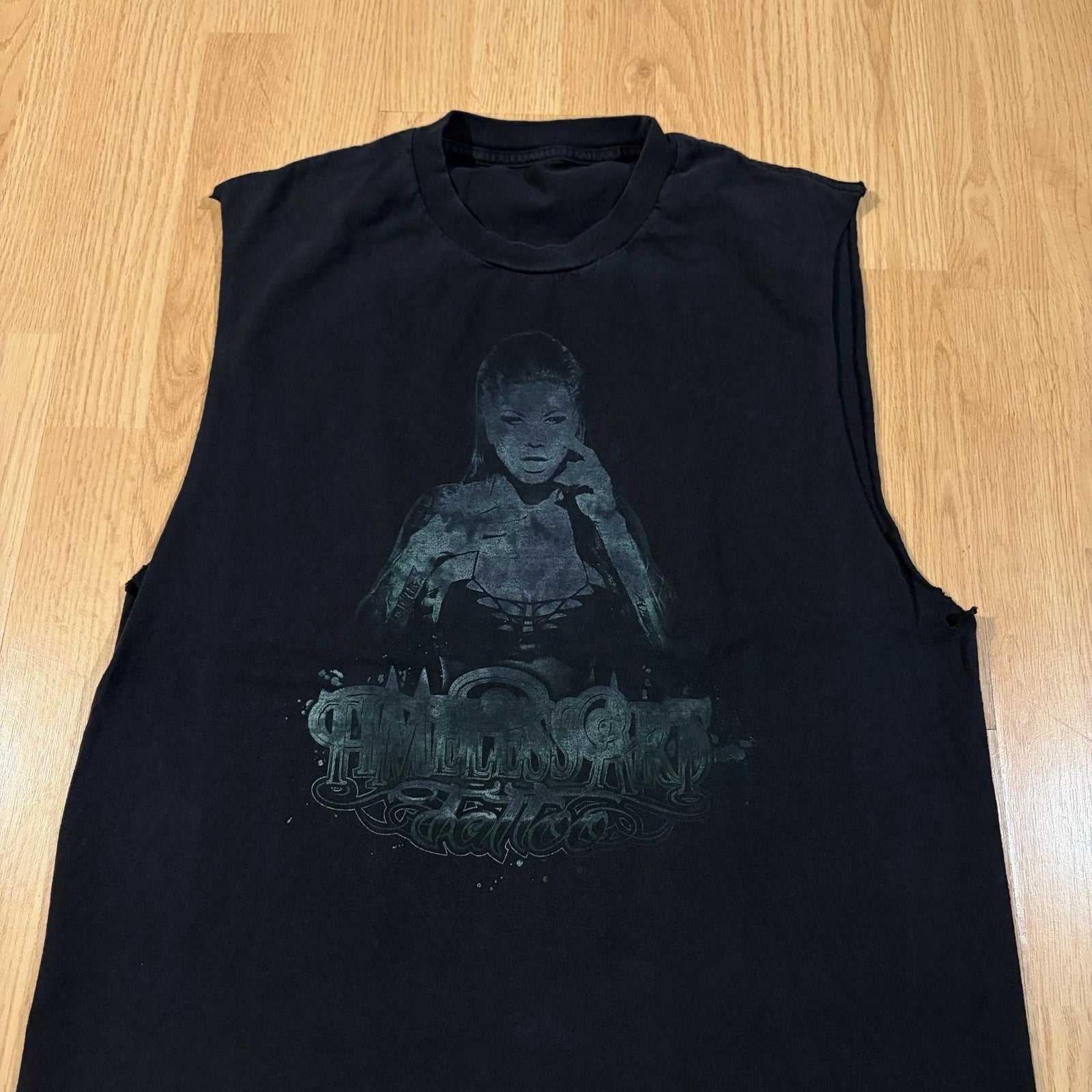 Timeless Art Tattoo Shop Black Graphic Cut Off Shirt Sz Medium 2000s Grunge Y2k