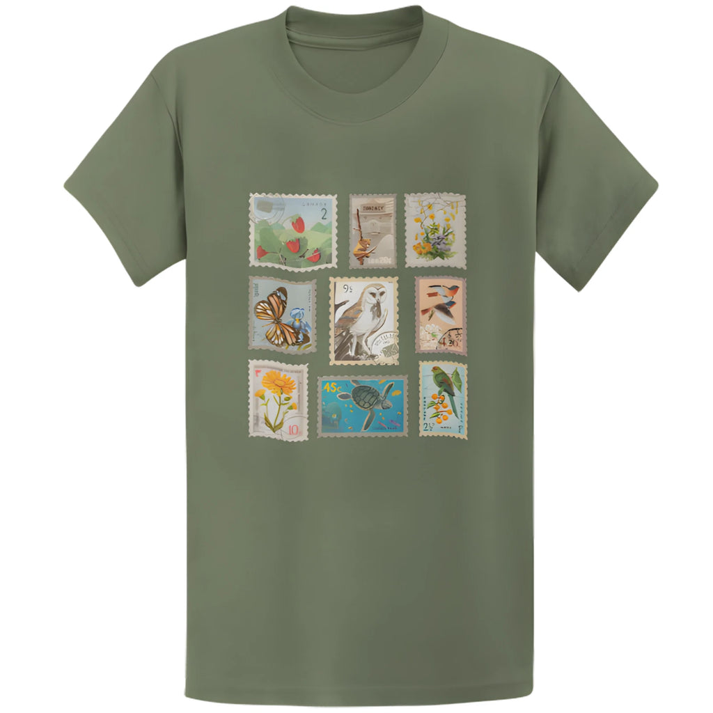 Gildan 5000 Vintage Wildlife Botanical Stamp Collage T-Shirt - Retro Gift Tee