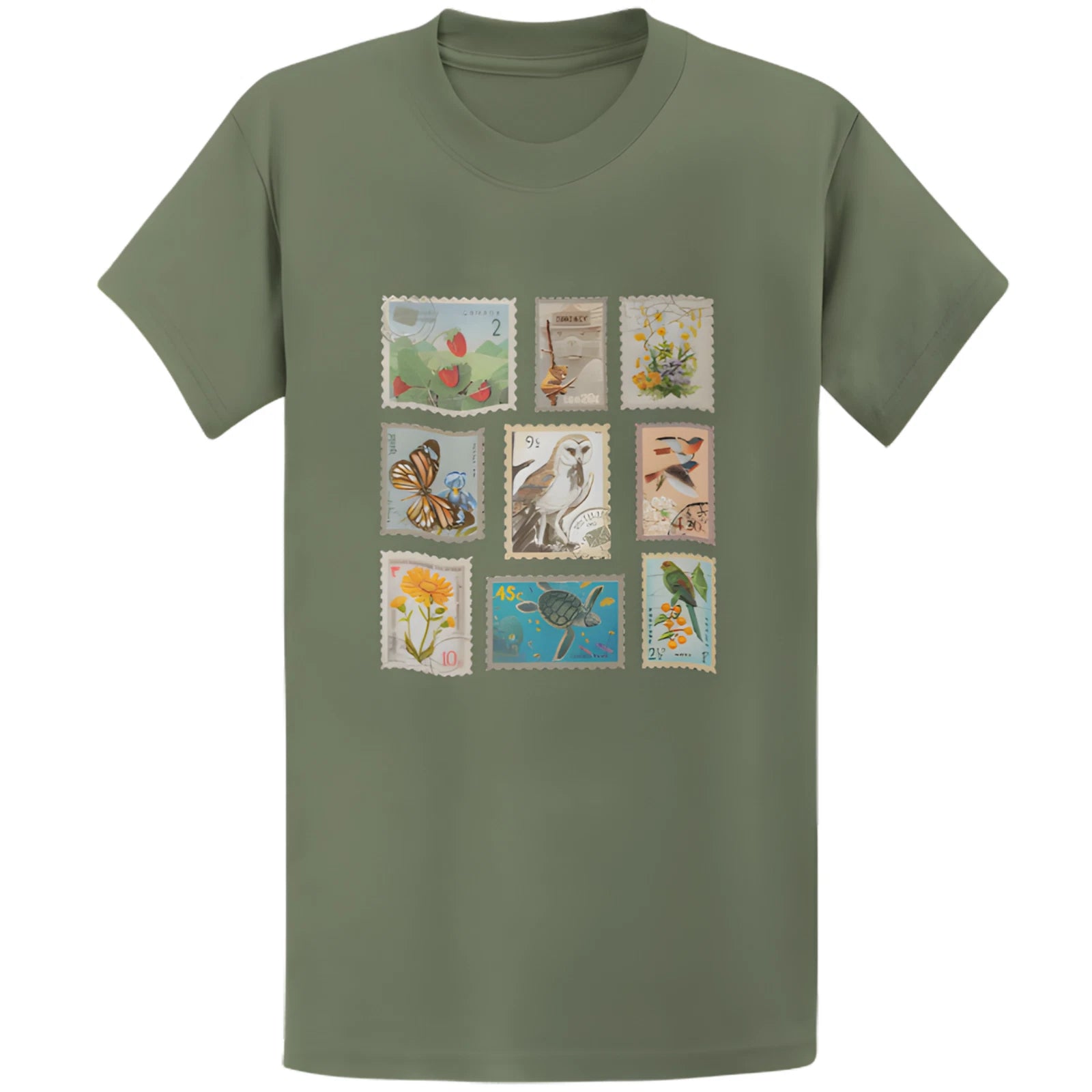 Gildan 5000 Vintage Wildlife Botanical Stamp Collage T-Shirt - Retro Gift Tee