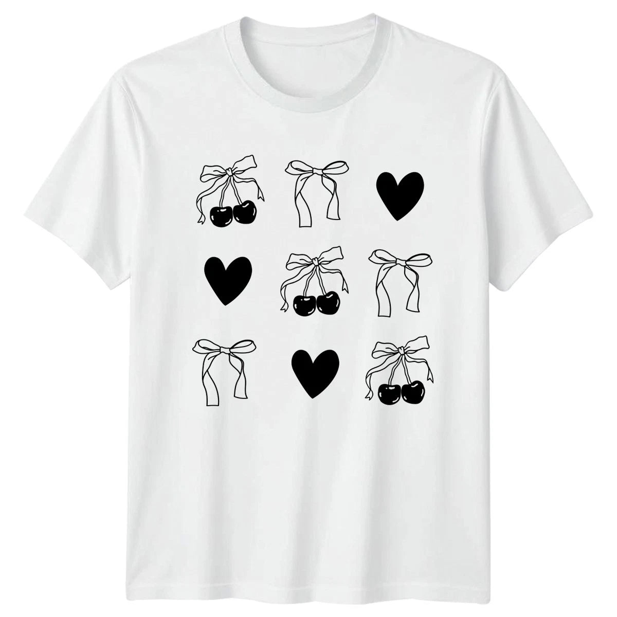 Cherry Bow Heart Coquette Aesthetic Womens T-Shirt Feminine Pattern Aesthetic