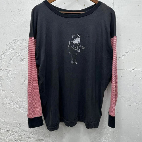 90s Y2K Handmade Screen Print Monster Dinosaur Layered Striped Long Sleeve