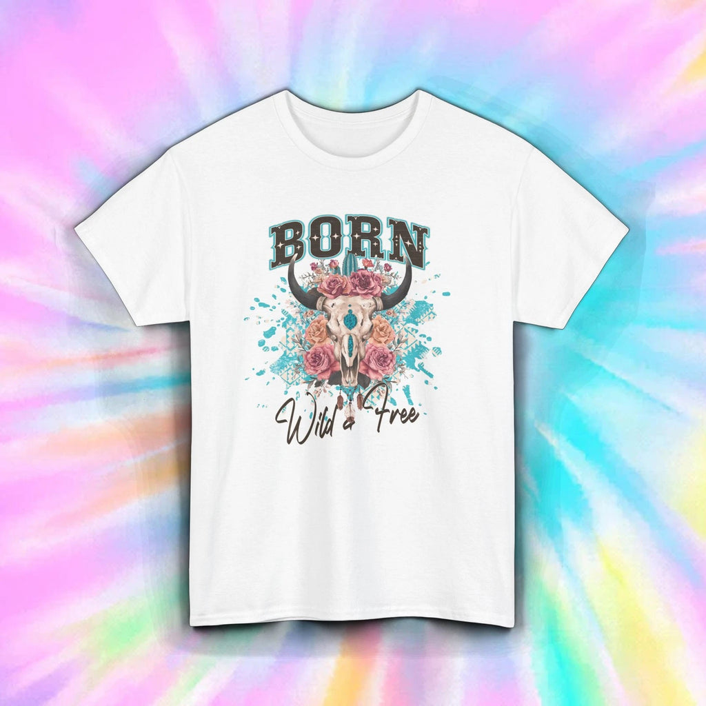 Born Wild and Free Shirt Bull Skull Floral Western Country Cowgirl Tee S-5XL