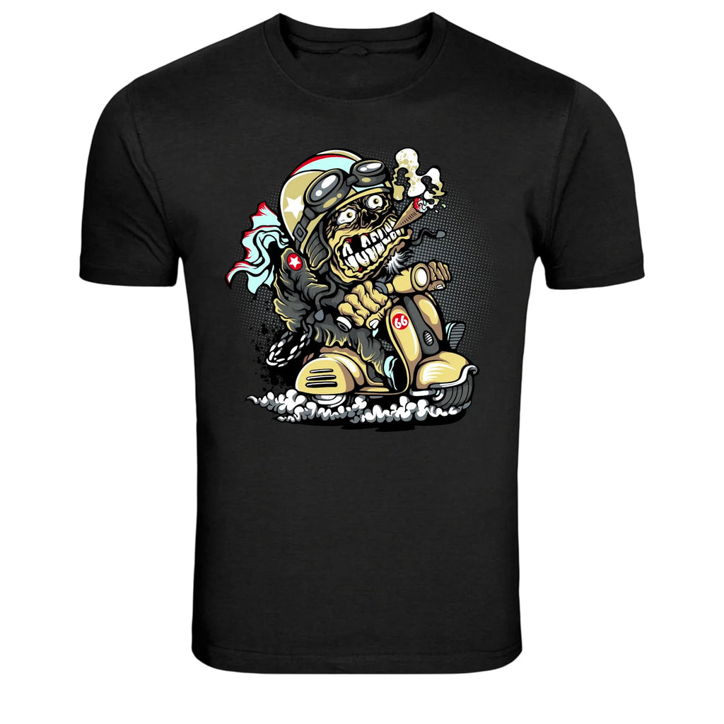 Skeleton Biker Riding Scooter Graphic T-Shirt Funny Rider Tee