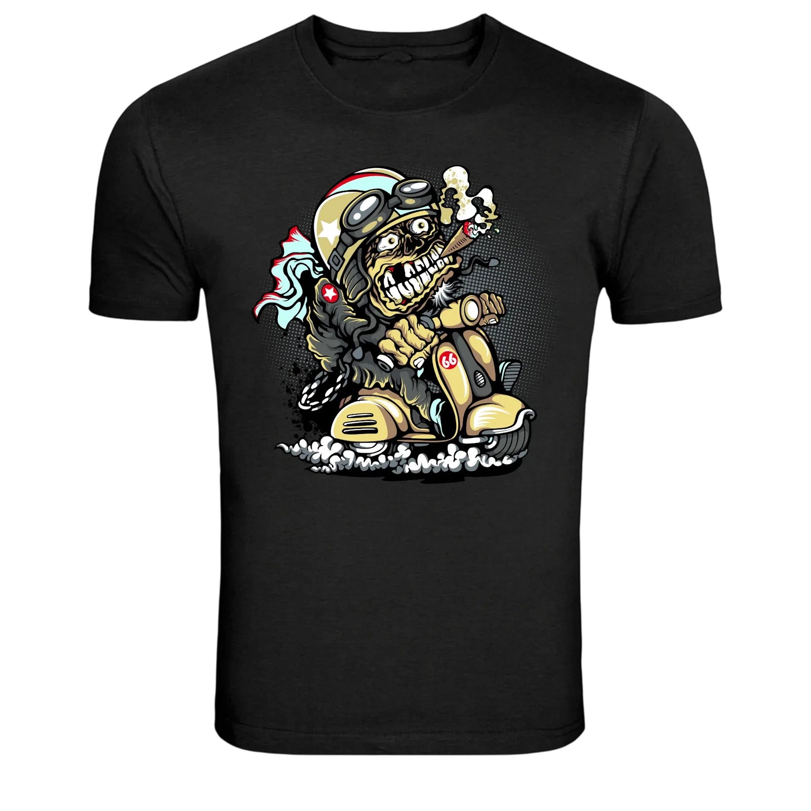 Skeleton Biker Riding Scooter Graphic T-Shirt Funny Rider Tee
