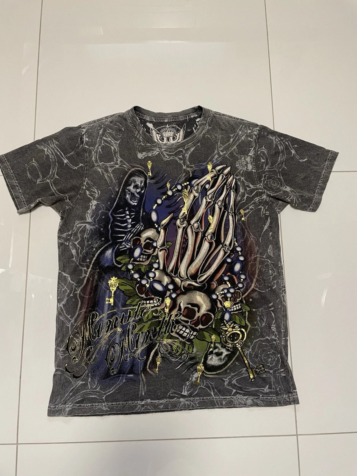 MINUTE MIRTH STREET STYLE LARGE  L  GREY ED HARDY STYLE SKULL SKELETON T-SHIRT