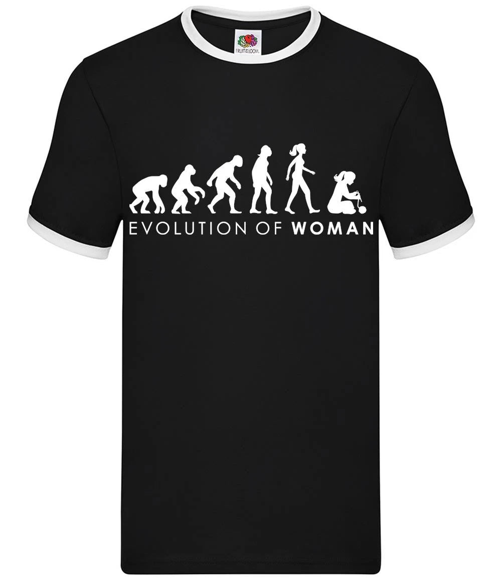 Evolution of Woman Knitting - Mens Ringer - Craft Knitter Creative Hobby