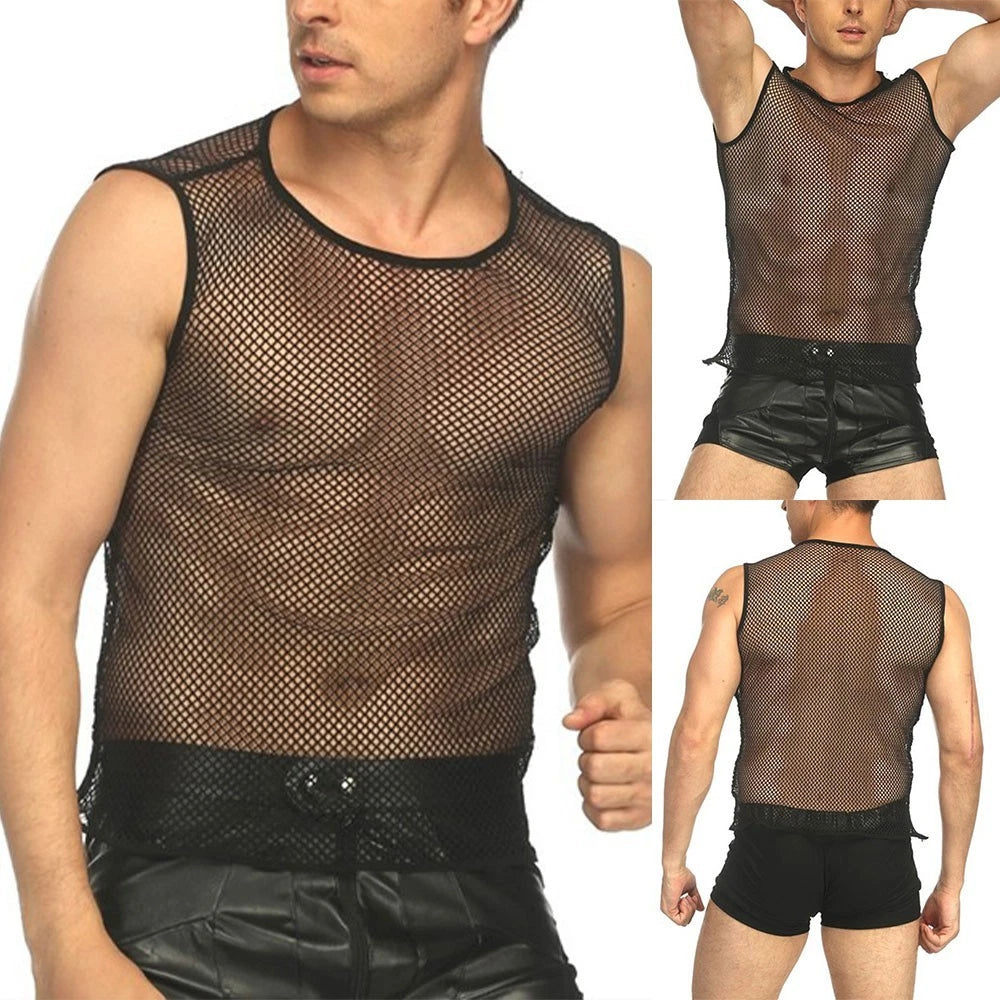 Lightweight Trendy See Through Mesh Fishnet String Vest Men's Sport Shirt