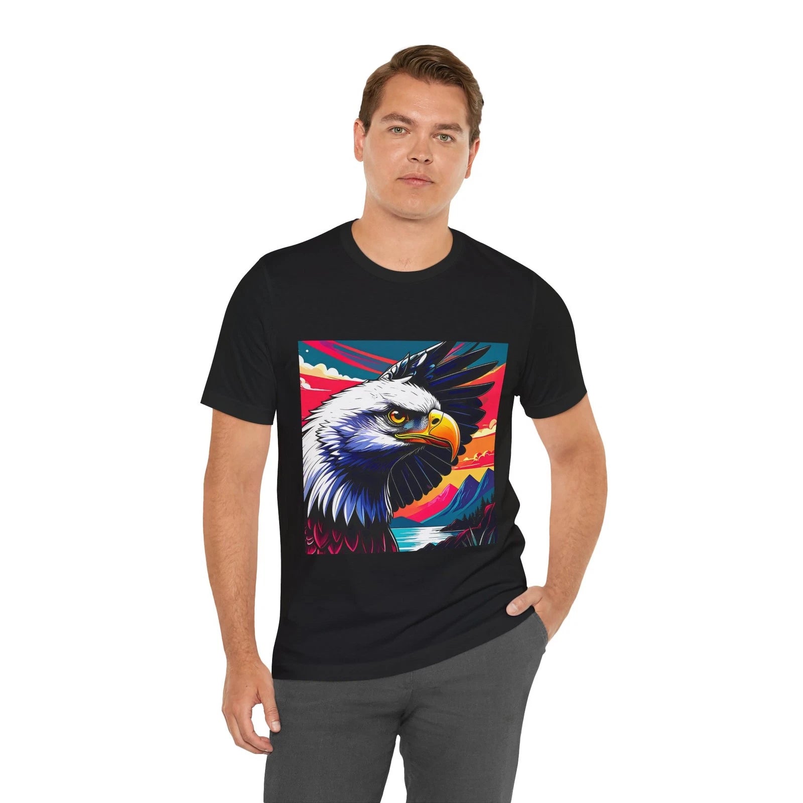 Colorful Bald Eagle Portrait T-Shirt | Sunset Mountain Graphic