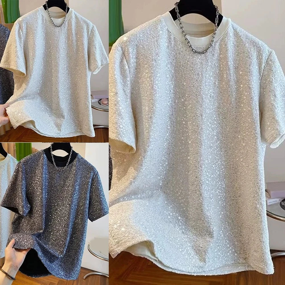 Loose Fit Mens Summer Sequined Short Sleeve T Shirt Fashion Street Style