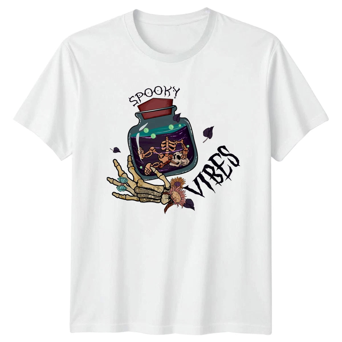 Spooky Vibes Womens T-Shirt Gothic Skeleton Halloween Gift For Her
