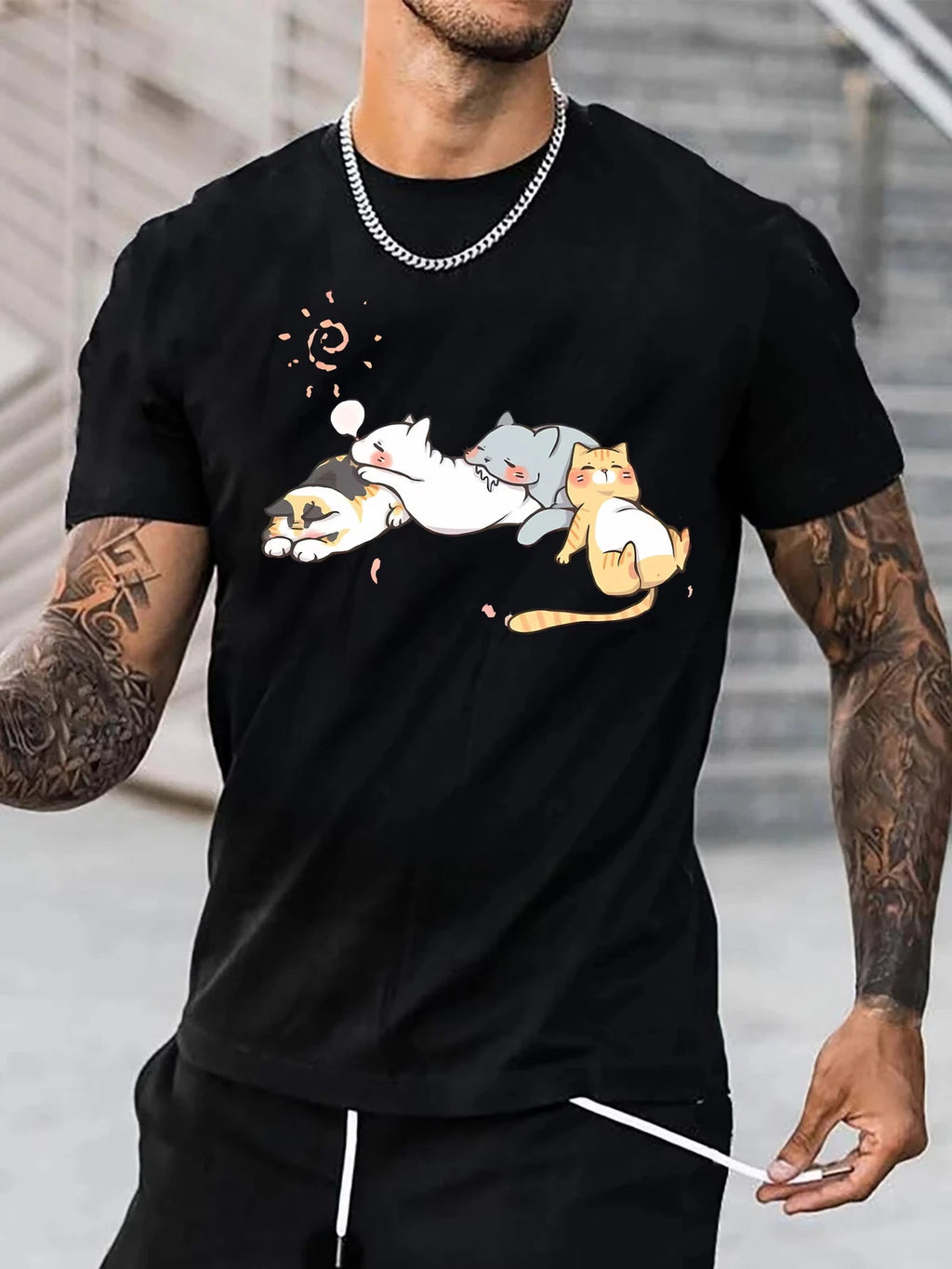 Cute Cats Napping Print Tee Shirt, Tee For Men, Casual Short Sleeve T-shirt For