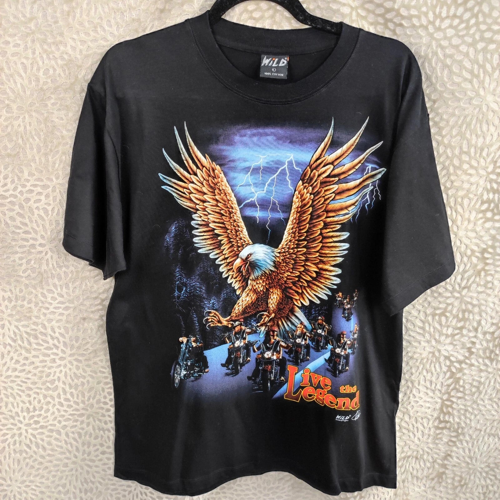 Wild Mens Black Eagle Bikers Lightning Graphic T shirt Size Large 100% Cotton