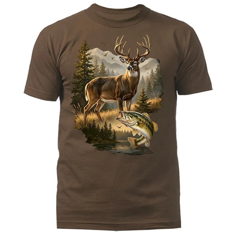 Deer & Bass Wilderness Hunting Fishing Wildlife T-shirt