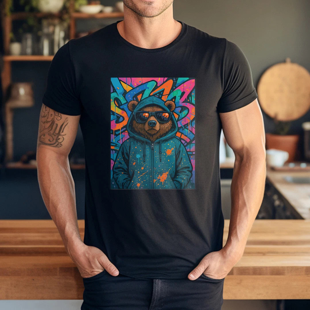Urban Hip Hop Teddy Bear in Sunglasses Cool Graffiti Graphic T-Shirt