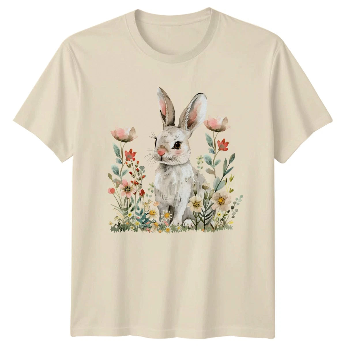 Watercolor Cute Rabbit Bunny In Womens T-Shirt Wildflowers Easter Gift For Her