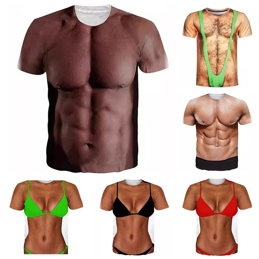 Men Streetwear Casual T Shirt Funny Fake Chest Print Gym Short Sleeve Top