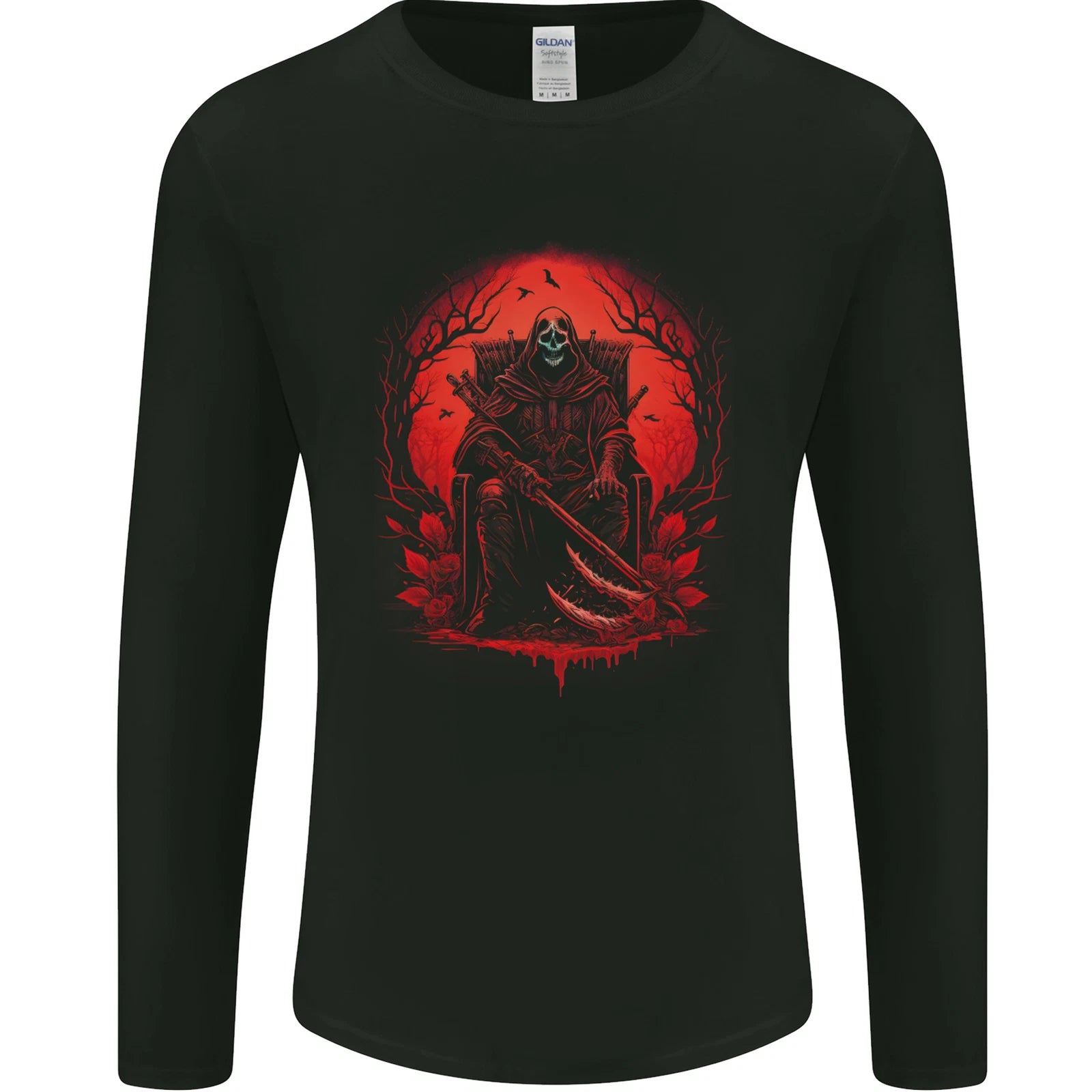 The Grim Reaper On His Throne Gothic Biker Mens Long Sleeve T-Shirt