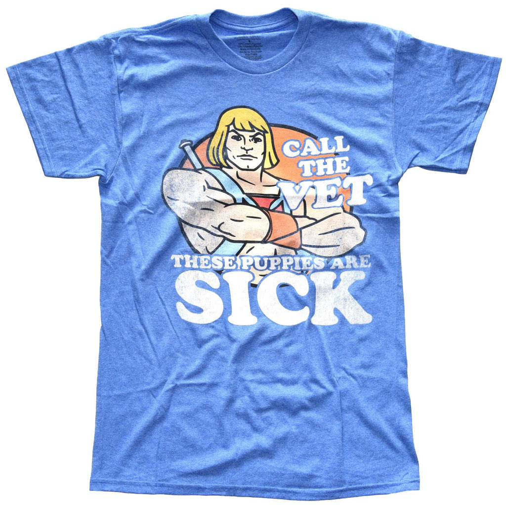 Heman Call the Vet These Puppies are Sick Men's Blue Heather T-Shirt New